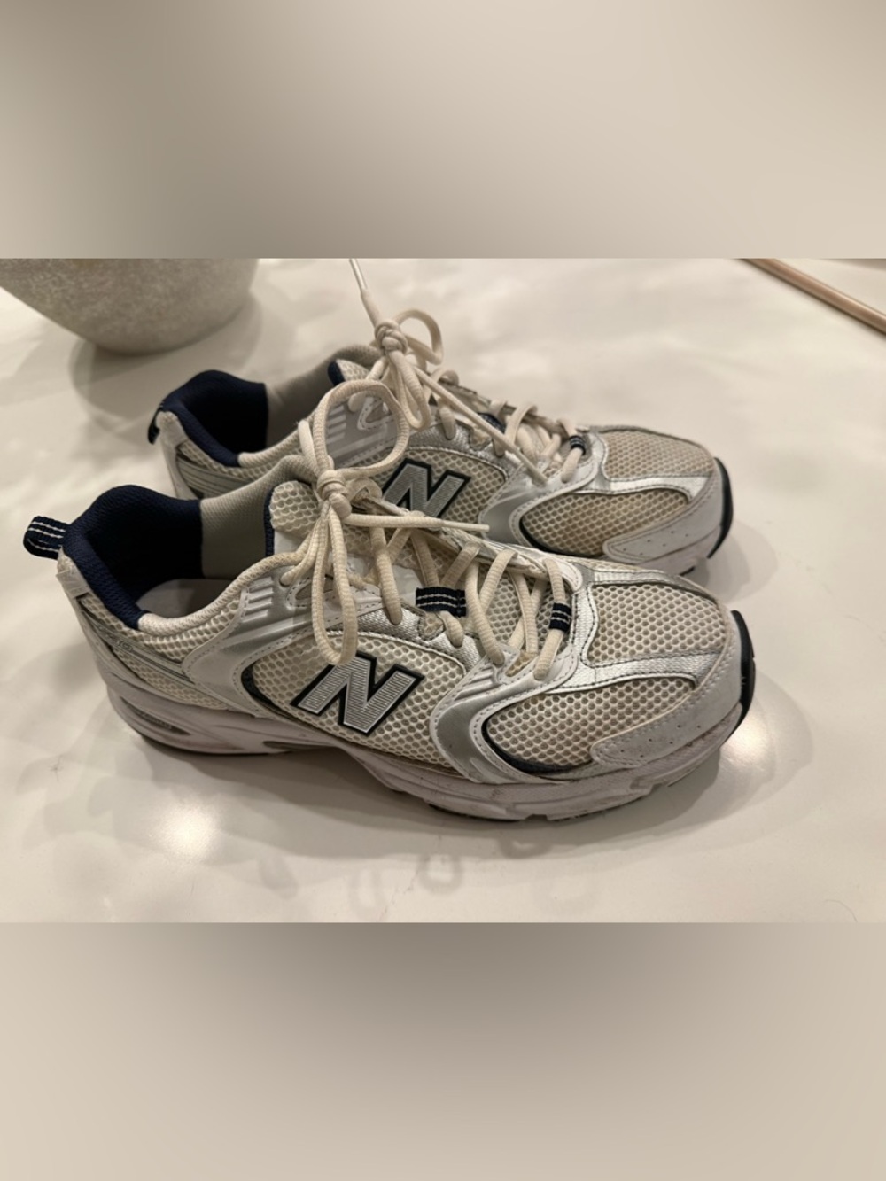 New Balance 530 White and Navy Mesh Sneakers